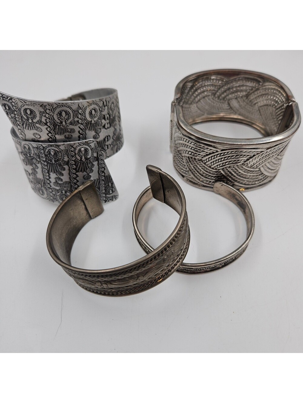 Vintage Bracelet Lot 4 Silver Tone Cuff Clamper Hinged Boho Tribal Ornate
